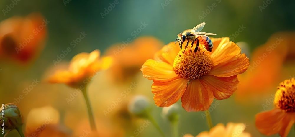 close up of bee on vibrant orange flower in warm sunlight