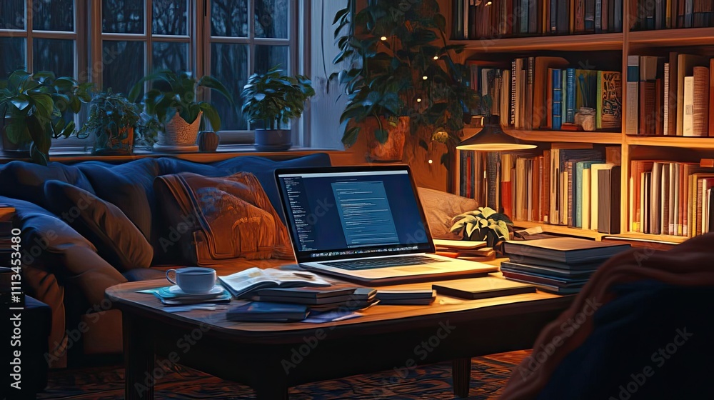 A laptop and stack of books on a coffee table, a cozy workspace A laptop and stack of books on a coffee table, a cozy workspace