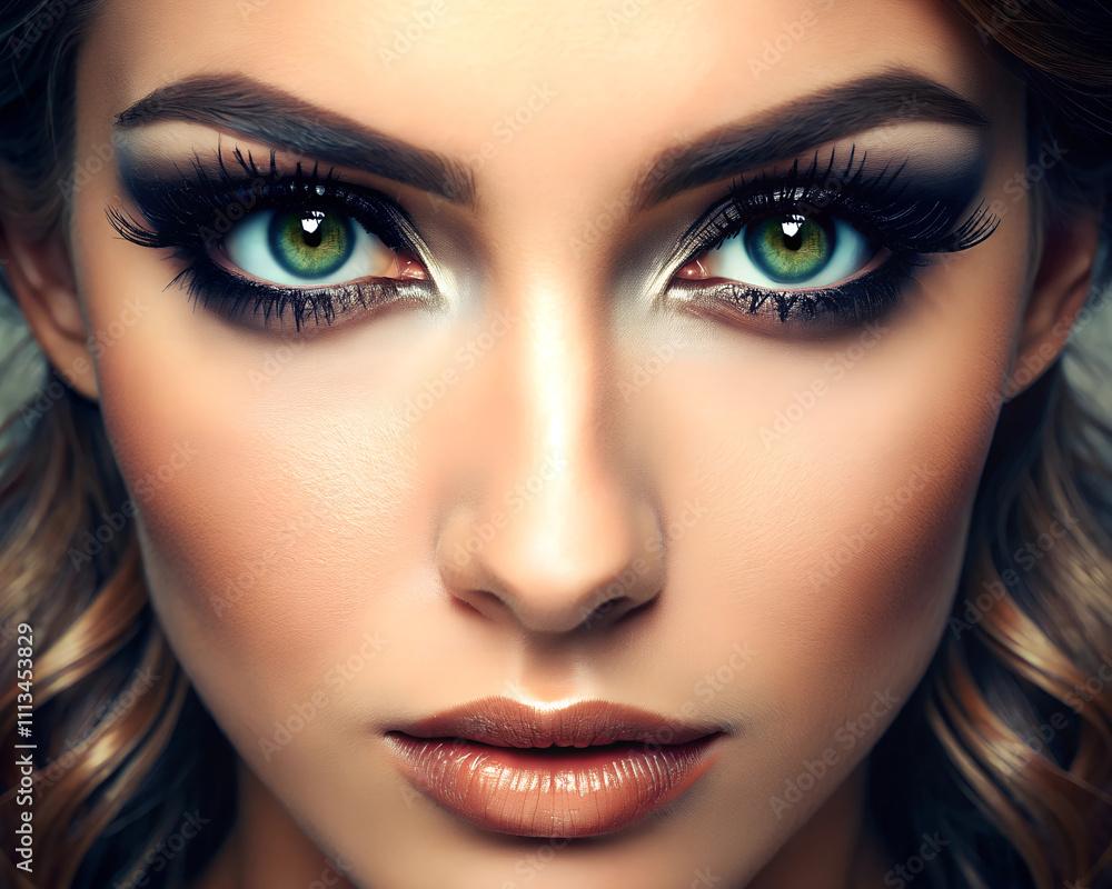Stunning beauty captivates with mesmerizing green eyes and expertly crafted makeup. Soft lighting enhances the natural allure and creates an enchanting atmosphere suited for a fashion showcase Stunning beauty captivates with mesmerizing green eyes and expertly crafted makeup. Soft lighting enhances the natural allure and creates an enchanting atmosphere suited for a fashion showcase