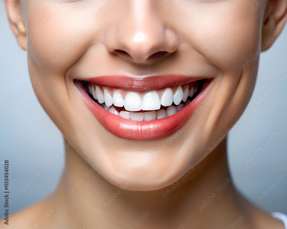 Obraz premium A close-up view of a cheerful face highlights a bright smile, showcasing perfectly aligned teeth and subtle makeup. The soft background enhances the joyous expression