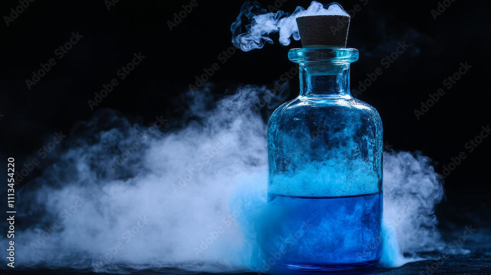 Cartoon set of blue elixir bottle with gas cloud puff effect isolated on black background. Vector illustration of open glass jar with label, magic liquid potion and toxic evaporation sprite sheet Cartoon set of blue elixir bottle with gas cloud puff effect isolated on black background. Vector illustration of open glass jar with label, magic liquid potion and toxic evaporation sprite sheet