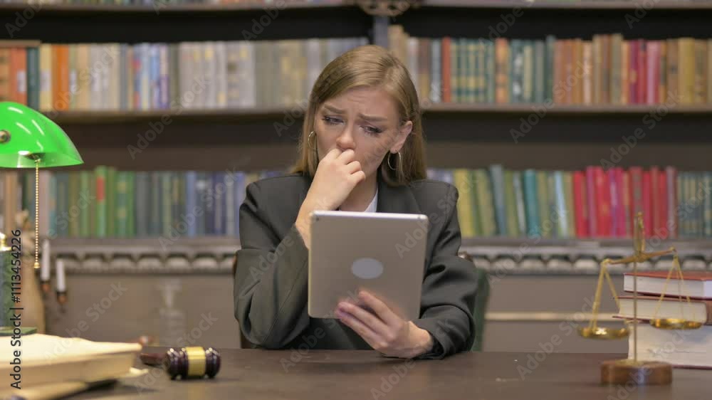 Female Lawyer with Loss on Tablet in Office Female Lawyer with Loss on Tablet in Office