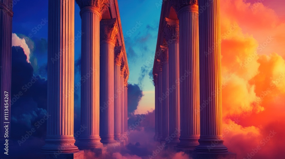 Fototapeta premium Majestic columns in a vibrant sunset and stormy sky.