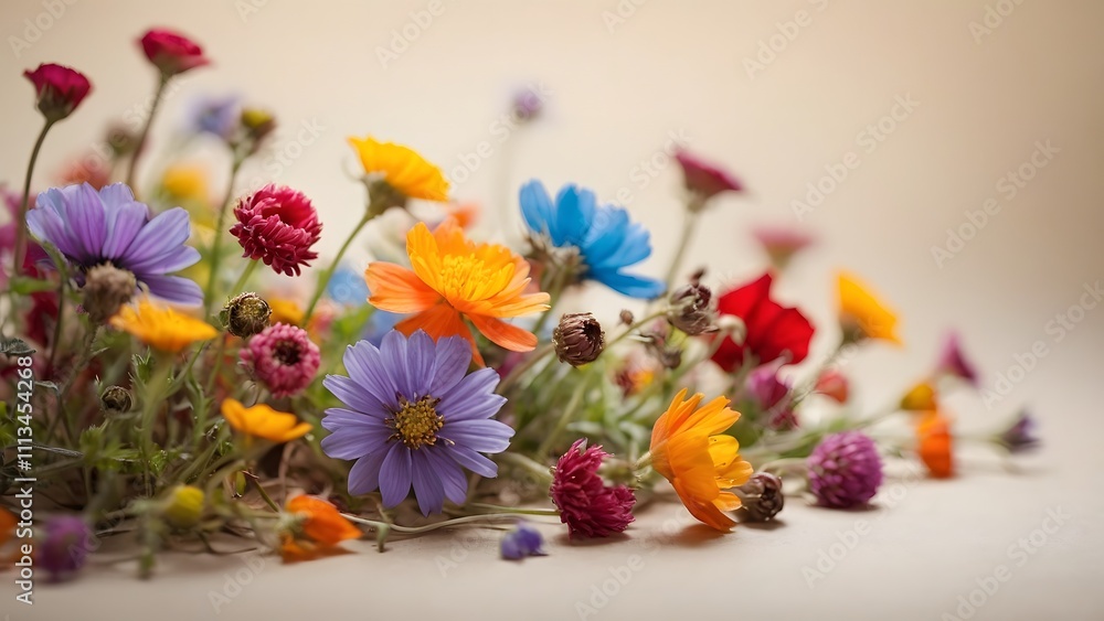 Obraz premium Colorful Wildflowers Arranged in a Vibrant Display on a Neutral Background in Springtime