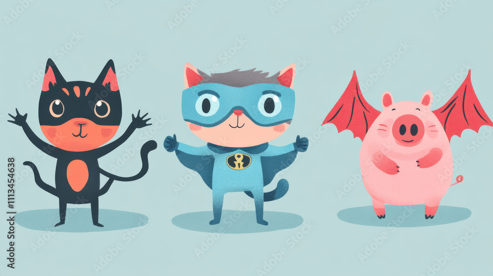 Superhero animals cartoon characters. Funny cat in blue mask and paw buckle on cape, bat with raised arm, spider and fat pig wear red cloak. Comic mascots for kids tee design, Vector illustration, set Superhero animals cartoon characters. Funny cat in blue mask and paw buckle on cape, bat with raised arm, spider and fat pig wear red cloak. Comic mascots for kids tee design, Vector illustration, set