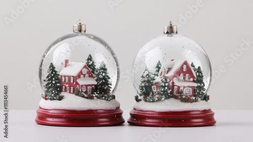 3d Christmas snow globes. Empty winter crystal ball isolated on transparent background. Clear glass domes on red base, Xmas souvenir or gift, vector realistic set