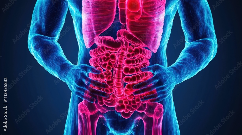 Transparent X Ray View of the Human Skeleton and Digestive System Highlighting the Importance of a Gut Friendly Diet to Manage Food Allergies and Inflammation for Improved Health and Wellness Transparent X Ray View of the Human Skeleton and Digestive System Highlighting the Importance of a Gut Friendly Diet to Manage Food Allergies and Inflammation for Improved Health and Wellness