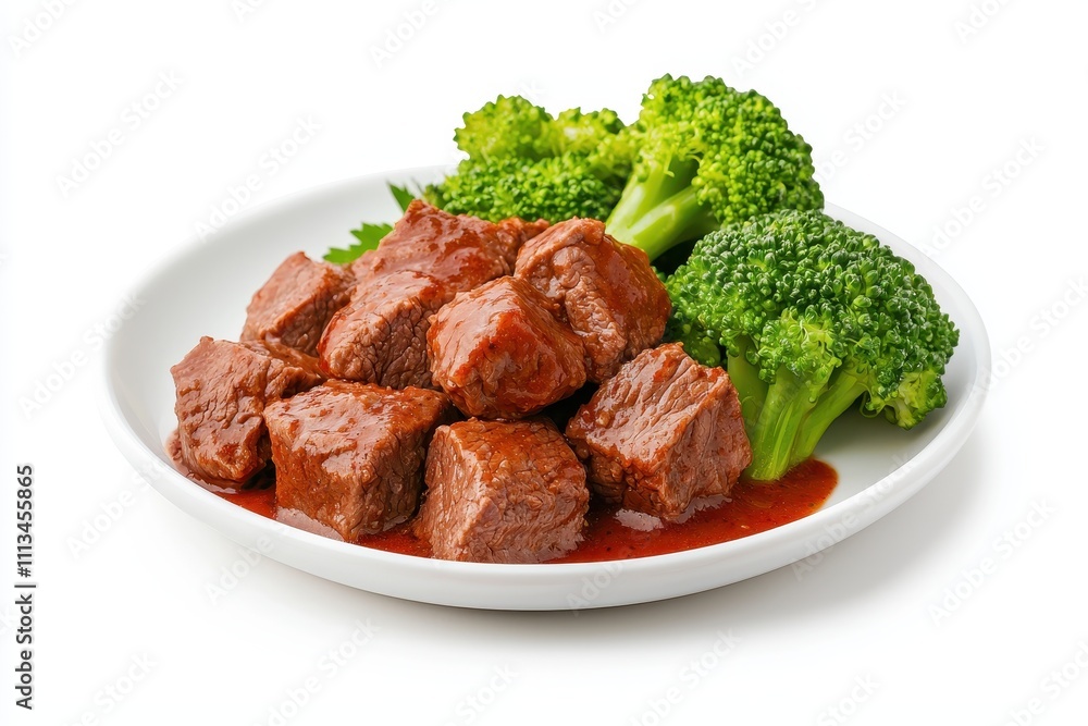 Tender Beef Cubes Coated in Glossy Sauce with Fresh Broccoli Side Tender Beef Cubes Coated in Glossy Sauce with Fresh Broccoli Side