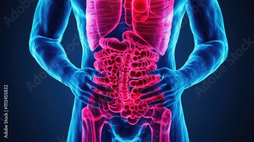 Transparent X Ray View of the Human Skeleton and Digestive System Highlighting the Importance of a Gut Friendly Diet to Manage Food Allergies and Inflammation for Improved Health and Wellness