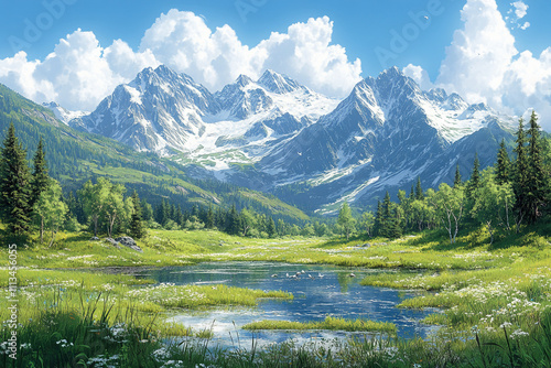 Serene Alpine Meadow With Snow Capped Mountains