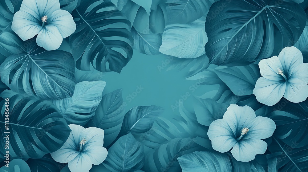 Lush Tropical Paradise Background with Vibrant Flowers and Leaves for Creative Designs, Illustrations, and Artistic Projects in Vectorized Style Lush Tropical Paradise Background with Vibrant Flowers and Leaves for Creative Designs, Illustrations, and Artistic Projects in Vectorized Style