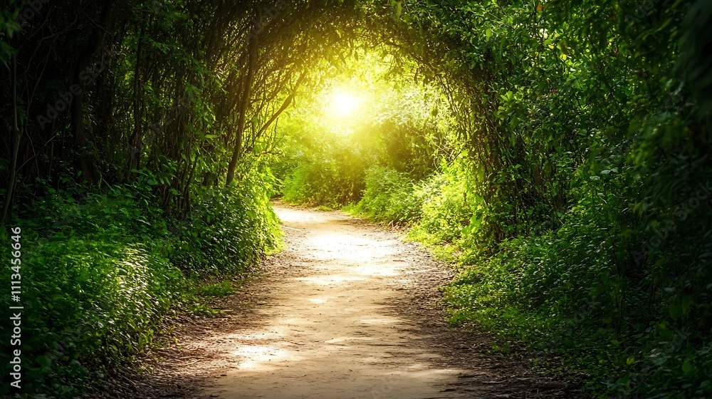 Fototapeta premium Sunlit path through lush green forest.