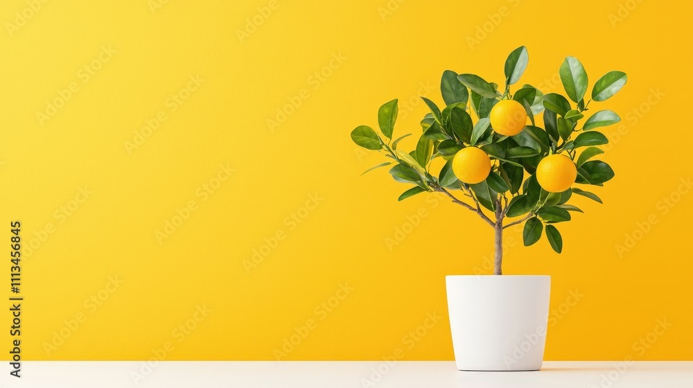 A small orange tree in a white pot sits on a yellow wall A small orange tree in a white pot sits on a yellow wall