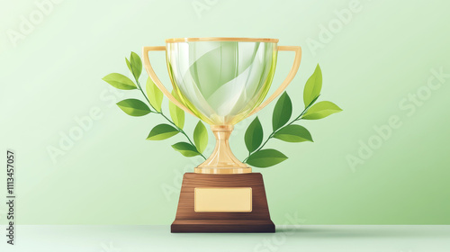 Glass trophy with laurel on wood stand with golden plate. Realistic vector set of transparent plexiglass crystal award on wooden base. Mockup of blank glossy acrylic winner prize cup on pedestal. photo