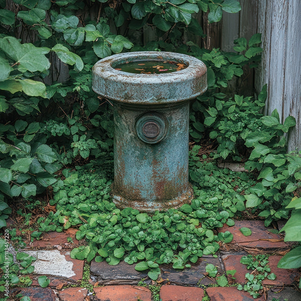Fototapeta premium A weathered water fountain surrounded by lush greenery and brick pathways.
