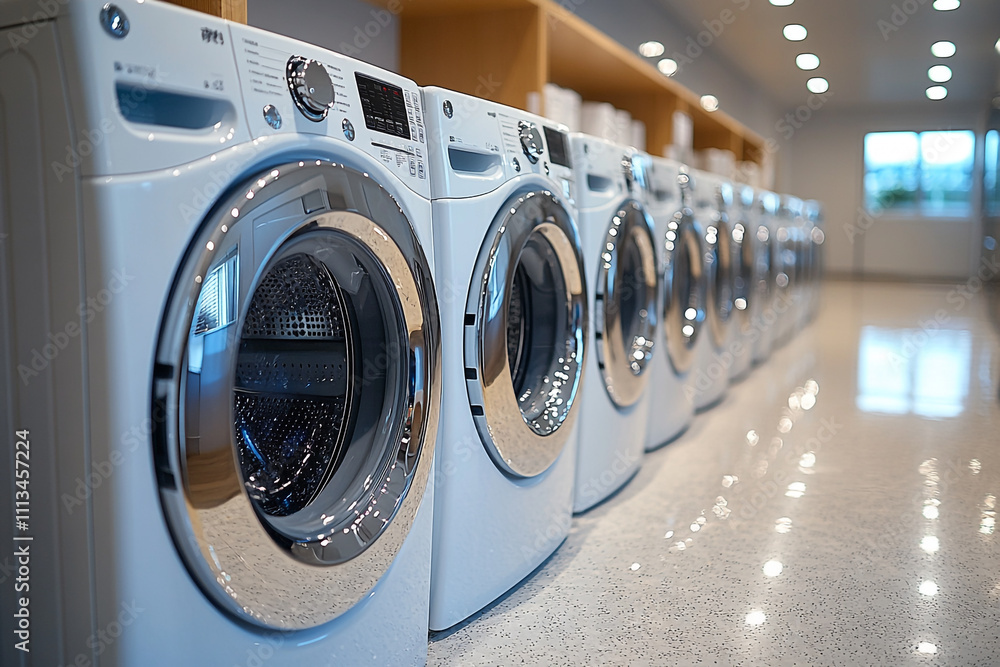 Modern White Washers Line Up In A Showroom Modern White Washers Line Up In A Showroom