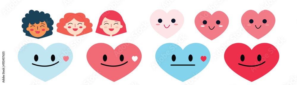 flat vector illustrations of happy and smiling faces love. Each face is adorned with heart shaped elements like hearts or love symbols flat vector illustrations of happy and smiling faces love. Each face is adorned with heart shaped elements like hearts or love symbols