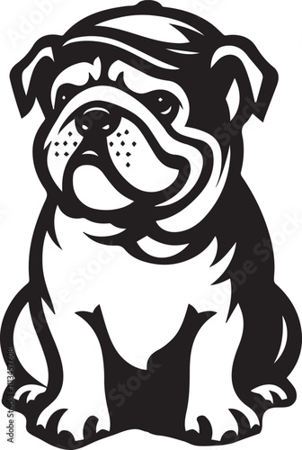 This stylized black and white vector illustration showcases a majestic bulldog, embodying strength, loyality, and resilience. perfect for designs related to pet adoption and urban lifestyle.