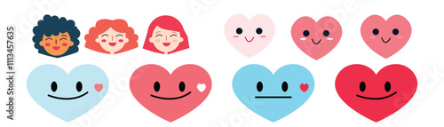 flat vector illustrations of happy and smiling faces love. Each face is adorned with heart shaped elements like hearts or love symbols