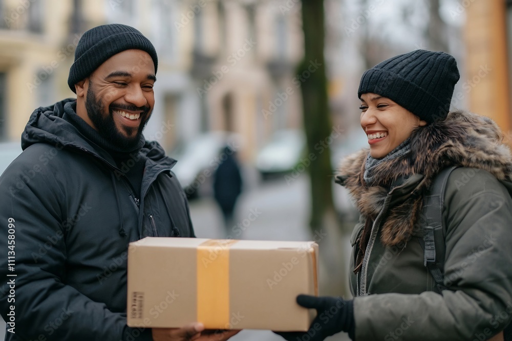 Smiling Courier Handing Parcel to Satisfied Customer in Lively Urban Neighborhood Smiling Courier Handing Parcel to Satisfied Customer in Lively Urban Neighborhood