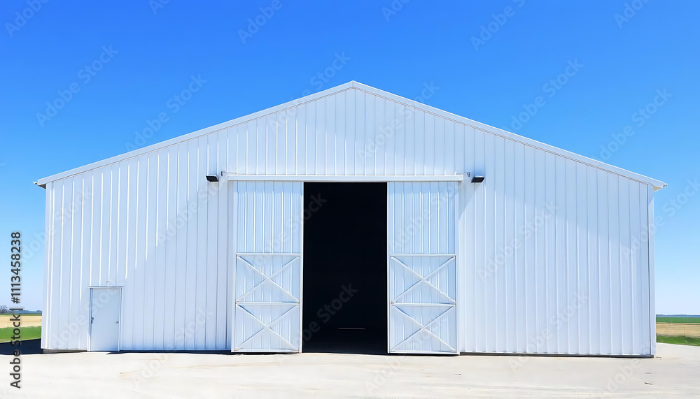 Large metal storage shed with an open garage door, set against a clear blue sky, perfect for warehouse or container storage. Created with Generative AI Large metal storage shed with an open garage door, set against a clear blue sky, perfect for warehouse or container storage. Created with Generative AI