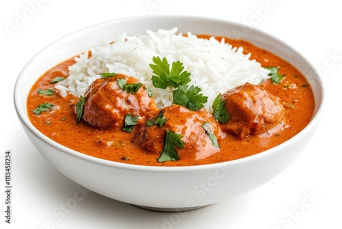 Close-Up Shot of Delicious Chicken Curry with Rice Garnished with Herbs