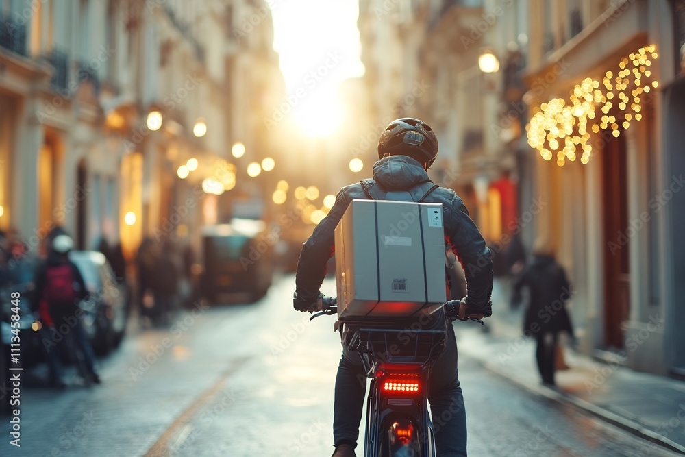 Courier on Electric Bike Delivering Packages through Bustling Urban Cityscape Courier on Electric Bike Delivering Packages through Bustling Urban Cityscape