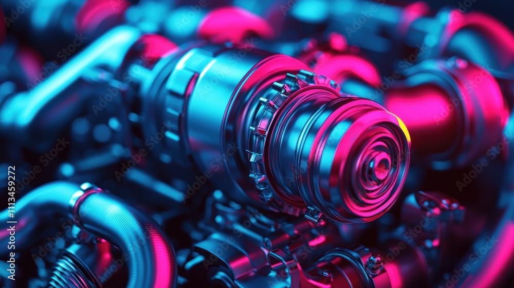 turbocharger installation. A close-up view of a mechanical component with vibrant blue and pink lighting, showcasing intricate details in a modern, industrial design. turbocharger installation. A close-up view of a mechanical component with vibrant blue and pink lighting, showcasing intricate details in a modern, industrial design.