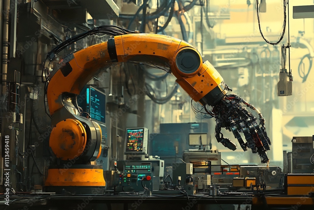 Robotic Arm Undergoing Adjustment and Inspection by Mechanic in Advanced Factory Setting Robotic Arm Undergoing Adjustment and Inspection by Mechanic in Advanced Factory Setting