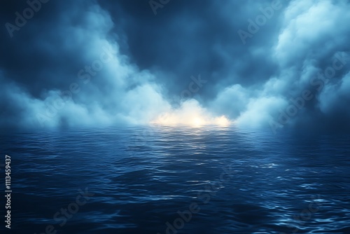 Reflection of the full moon on the water. Dark dramatic background. Moonlight, smoke and fog 