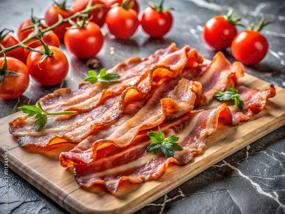 Savory strips of crispy bacon are elegantly arranged on a wooden board, surrounded by vibrant, ripe tomatoes, offering an enticing glimpse into a flavorful breakfast setting Savory strips of crispy bacon are elegantly arranged on a wooden board, surrounded by vibrant, ripe tomatoes, offering an enticing glimpse into a flavorful breakfast setting