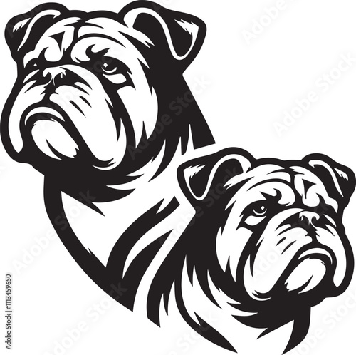 This stylized black and white vector illustration showcases a majestic bulldog, embodying strength, loyality, and resilience. perfect for designs related to pet adoption and urban lifestyle.