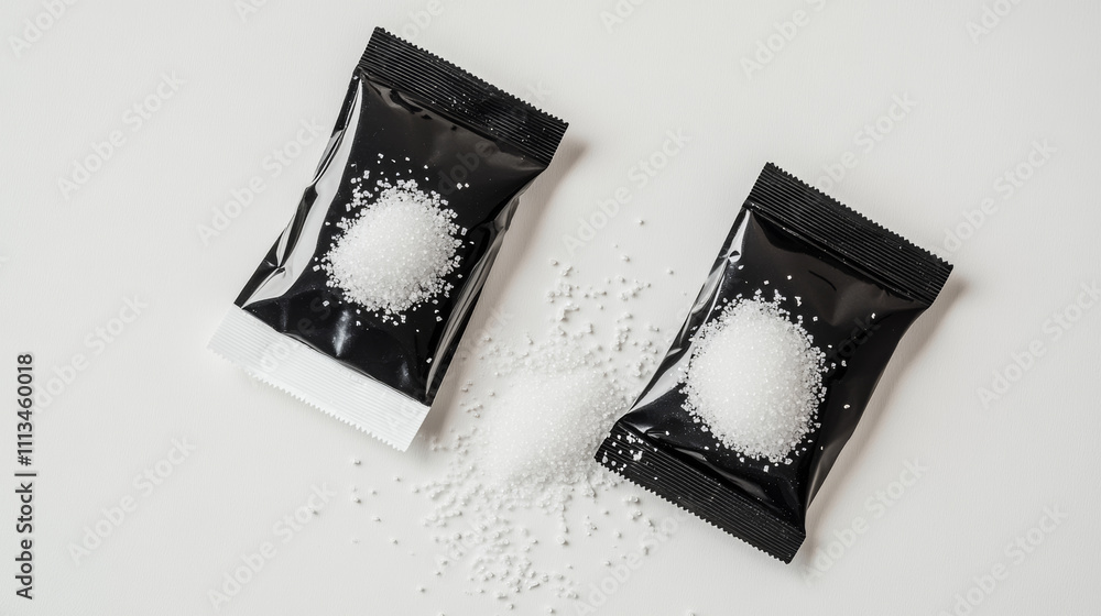 Sugar sticks for coffee in white and black packs. Vector realistic mockup of blank paper sachet with sugar or salt front and back view. Torn packet with falling white granules Sugar sticks for coffee in white and black packs. Vector realistic mockup of blank paper sachet with sugar or salt front and back view. Torn packet with falling white granules