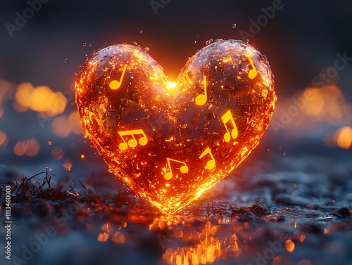 Glowing heart made of musical notes floating on a soft  ethereal background representing the harmony between music and emotions photo