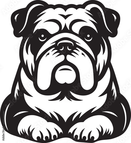 This stylized black and white vector illustration showcases a majestic bulldog, embodying strength, loyality, and resilience. perfect for designs related to pet adoption and urban lifestyle.