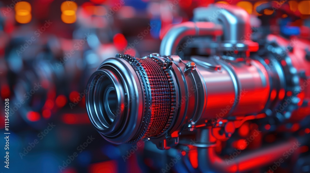 turbocharger installation. A close-up of a metallic camera lens with intricate details, illuminated by red and blue lights, emphasizing a futuristic and tech-inspired aesthetic.