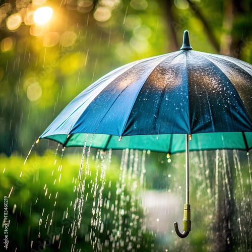 Gentle rain cascades from a vibrant green umbrella, creating a soothing melody against the backdrop of lush greenery and warm sunlight filtering through tall trees