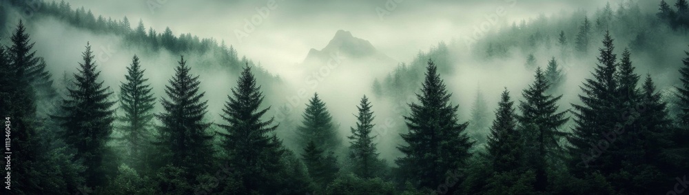 Dense forest landscape with tall, green trees covered in thick fog, creating a mysterious, ethereal atmosphere with shrouded mountains Dense forest landscape with tall, green trees covered in thick fog, creating a mysterious, ethereal atmosphere with shrouded mountains