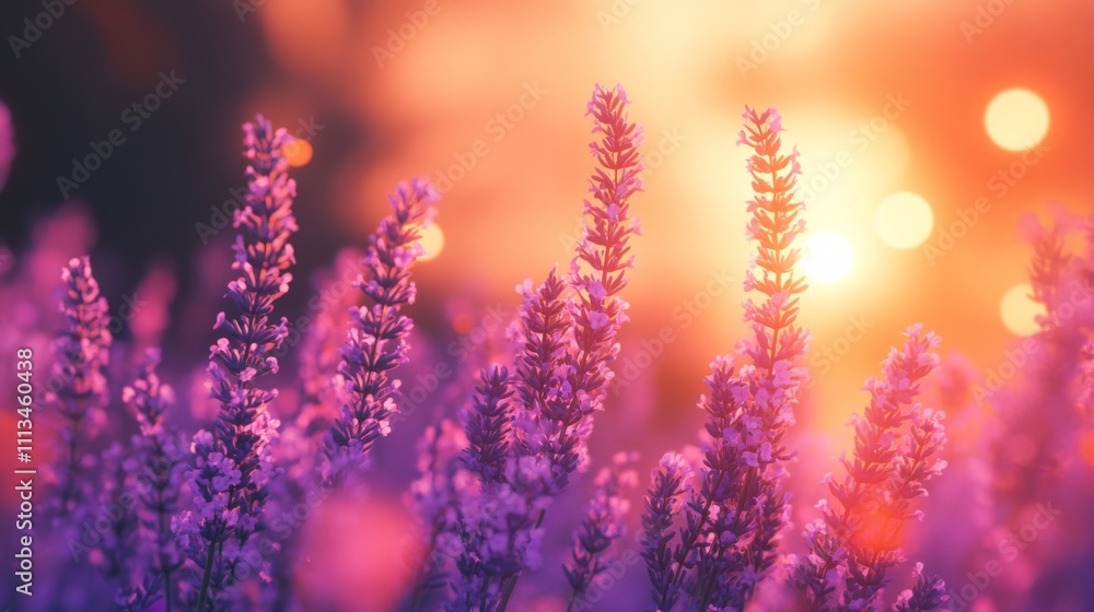 Naklejka premium Lavender Flowers in Soft Focus with Sunset Glow