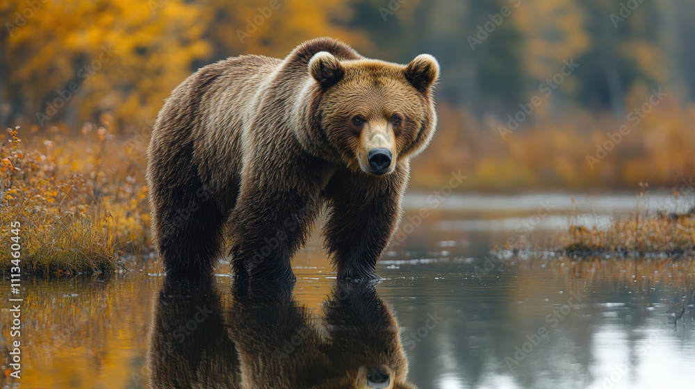 Majestic Grizzly Bear Standing in Tranquil Marsh Reflecting Autumn Colors in Calm Water Surrounded by Lush Nature and Trees in Scenic Wilderness Majestic Grizzly Bear Standing in Tranquil Marsh Reflecting Autumn Colors in Calm Water Surrounded by Lush Nature and Trees in Scenic Wilderness