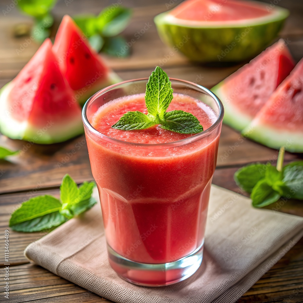 A vibrant watermelon smoothie sits in a glass, adorned with fresh mint leaves, alongside juicy watermelon slices on a rustic wooden table. Perfect for summer relaxation