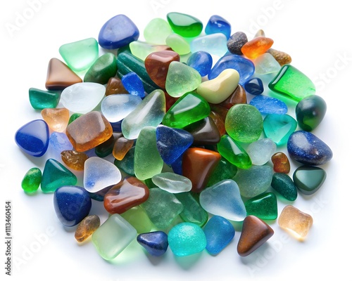 A captivating assortment of smooth, colorful sea glass pieces glimmers under soft light, reflecting the charm of the ocean. Each gem tells a unique story of time and tides photo