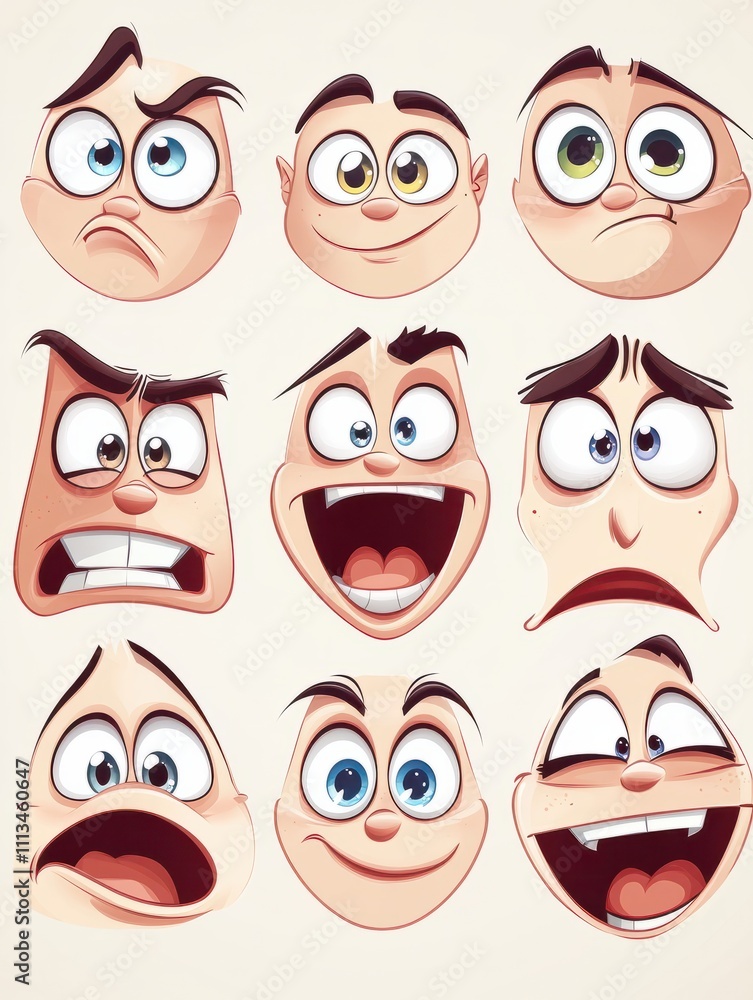 Cartoon expressions. Cute face elements eyes and mouths with happy, sad and angry, disbelief emotions. Caricature characters Cartoon expressions. Cute face elements eyes and mouths with happy, sad and angry, disbelief emotions. Caricature characters