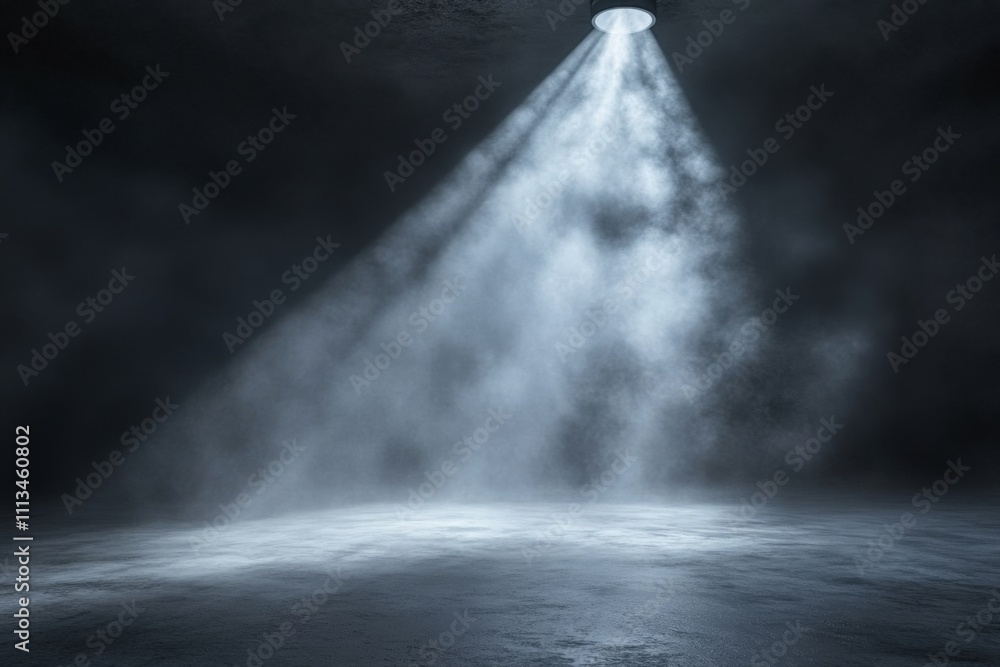 Dark room with spotlight creating eerie atmosphere, wet concrete floor illuminated by dramatic beam of light Dark room with spotlight creating eerie atmosphere, wet concrete floor illuminated by dramatic beam of light