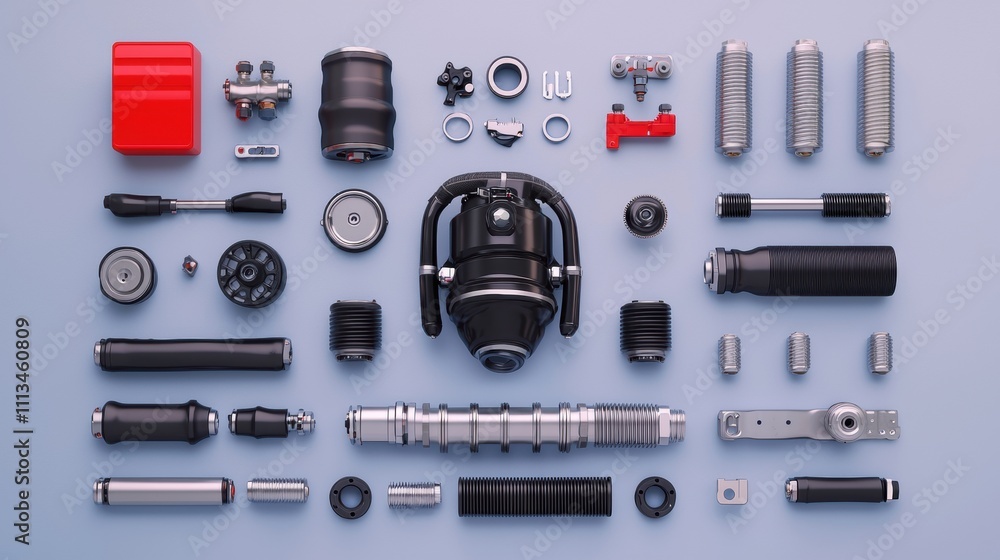 turbocharger installation. A flat lay of various mechanical parts and components arranged neatly on a light background, showcasing intricate designs and textures. turbocharger installation. A flat lay of various mechanical parts and components arranged neatly on a light background, showcasing intricate designs and textures.