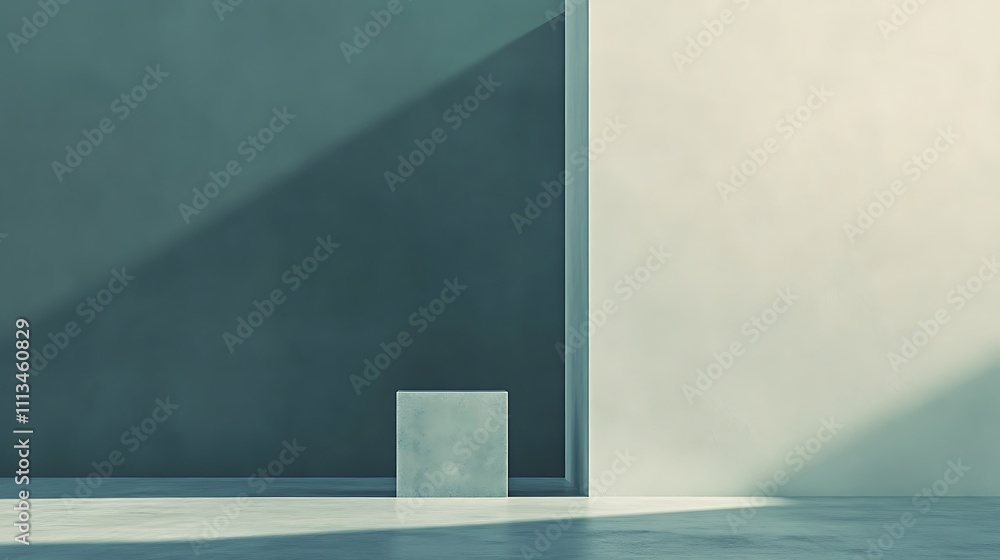 Minimalist interior design with a light gray cube on a concrete floor, against a teal and white wall with sunlight casting shadows. Minimalist interior design with a light gray cube on a concrete floor, against a teal and white wall with sunlight casting shadows.