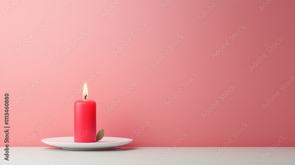 A red candle is lit on a white plate A red candle is lit on a white plate