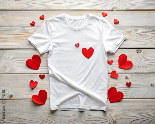 A white t-shirt rests on a wooden table, decorated with small red hearts scattered around it, creating a charming and romantic atmosphere perfect for celebrations photo