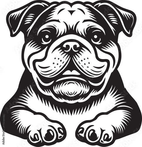 This stylized black and white vector illustration showcases a majestic bulldog, embodying strength, loyality, and resilience. perfect for designs related to pet adoption and urban lifestyle.