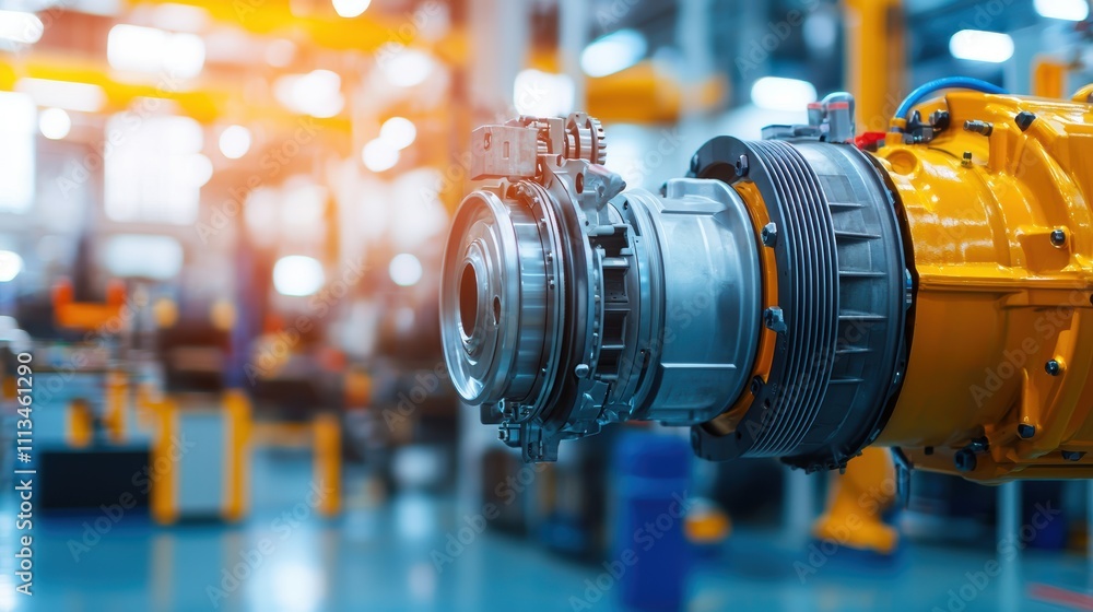 turbocharger installation. A close-up of a mechanical engine part, showcasing intricate details in a brightly lit industrial setting. turbocharger installation. A close-up of a mechanical engine part, showcasing intricate details in a brightly lit industrial setting.